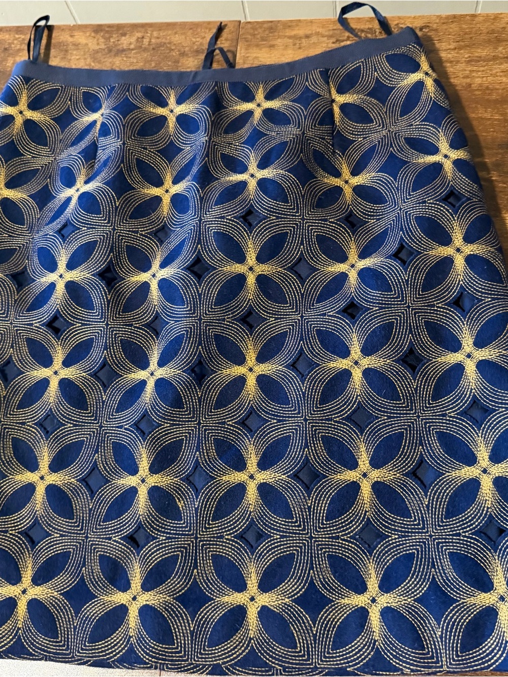 Boden Blue Floral Laser-Cut Skirt with Gold Accents